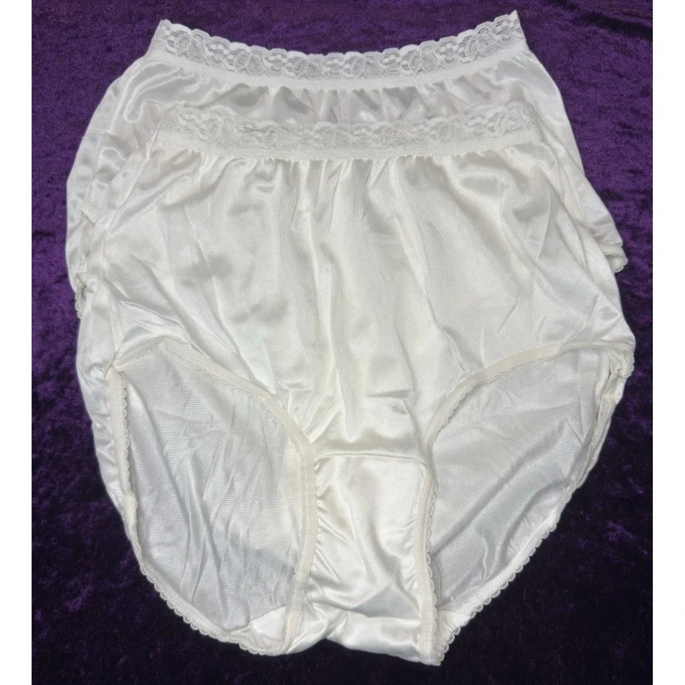 Hanes Panties Lot‎ Vtg Satin Nylon White Lot Sz 5 Lace Semi Sheer Shiny Granny